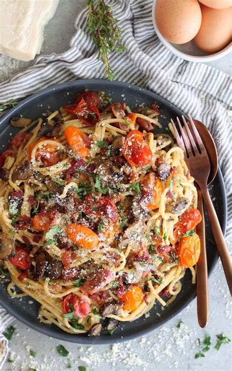 You'll find carbonara recipes with a few small variations and here i have made my own with mushrooms added. Mushroom and Garlic Roasted Tomato Spaghetti Carbonara