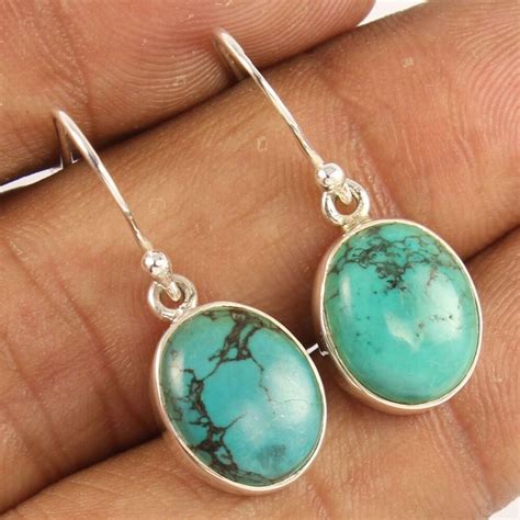 925 Sterling Silver Jewelry 1 Pair Elegant Earrings Natural TURQUOISE