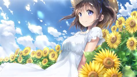 Download 1920x1080 Sunflowers Summer Dress Short Hair