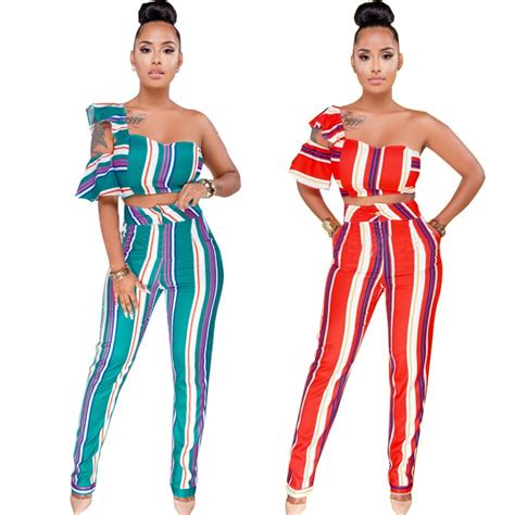 2019 summer striped one shoulder two piece set women strapless crop top pencil pants sexy suits
