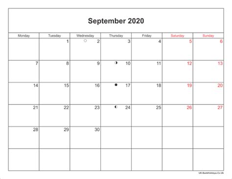 September 2020 Calendar Printable With Bank Holidays Uk