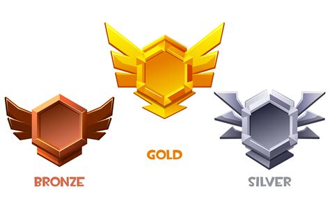 Ensemble De Jeu Rang Icônes Isolé Bronze Argent Et Or Jeu Badges