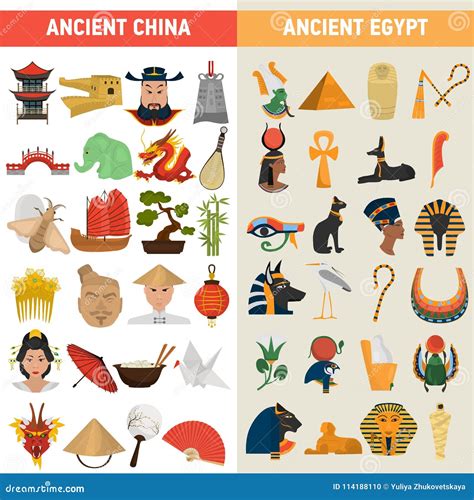 Iconos Planos Del Gran Color De Las Civilizaciones De China Y De Egipto