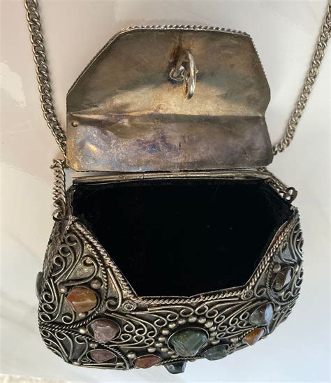 Vintage Moroccan Metal Purse Clutch With Agate Stones Etsy