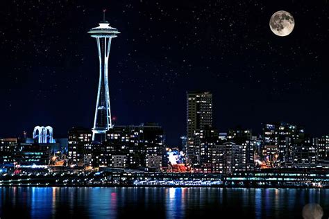 Seattle Skyline At Night With Full Moon Print By Valerie Garner