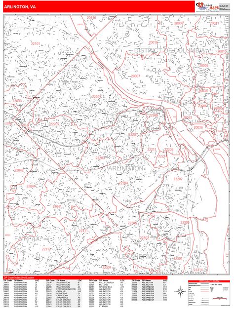 Arlington Virginia Zip Code Wall Map Red Line Style By Marketmaps
