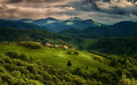 Nature Landscape Spring Forest House Field Mountain Clouds Green Sky Trees Grass