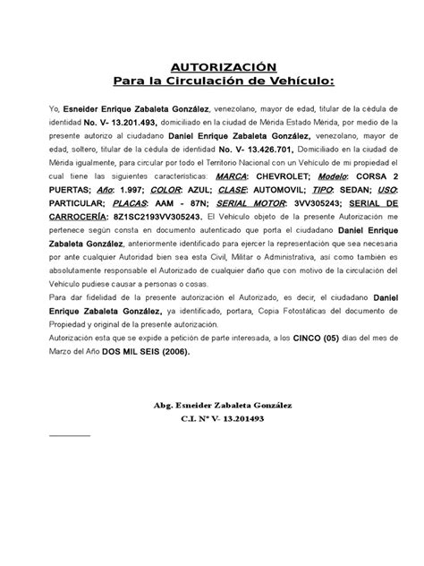 Carta De Autorizacion Para Tramites De Matricular Un Vehiculo Images