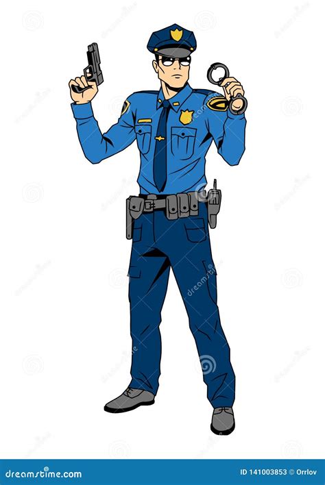 Police Officer With Gun And Handcuffs Character Cartoon Color