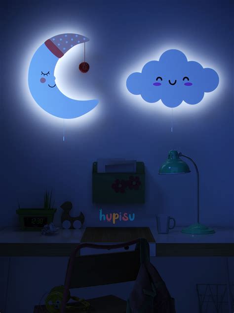 Nursery Wall Light Set Of 2 Cute Cloud And Moon Wooden Etsy Nursery