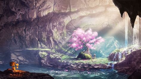 Download 2560x1440 Fantasy Landscape Scenery Waterfall Sakura Tree Cave Wallpapers For Imac
