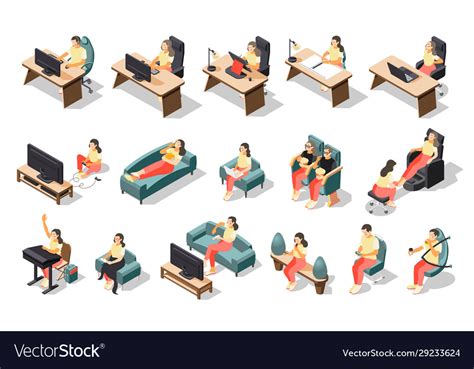 Sedentary Lifestyle Isometric Recolor Icon Set Vector Image