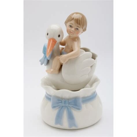 Ceramic Baby Boy With Stork Music Box Nursery Room Decor Baby Shower