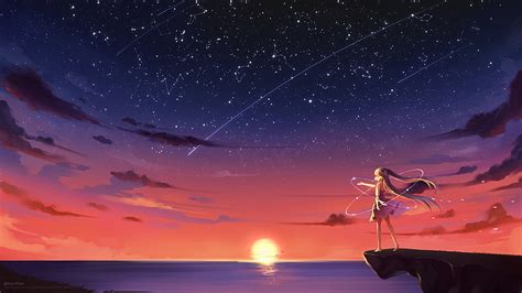 Hd Wallpaper Hatsune Miku Sunset Scenic Stars Ocean Cliff