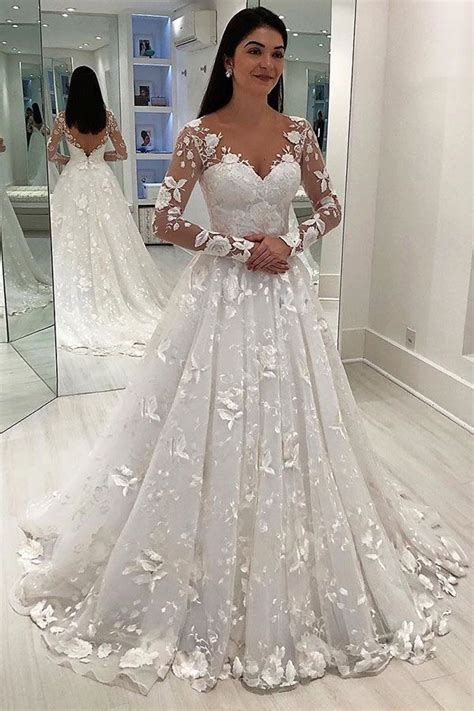 Gorgeous V Neck Applique Long Sleeves Tulle Wedding Dresses Online