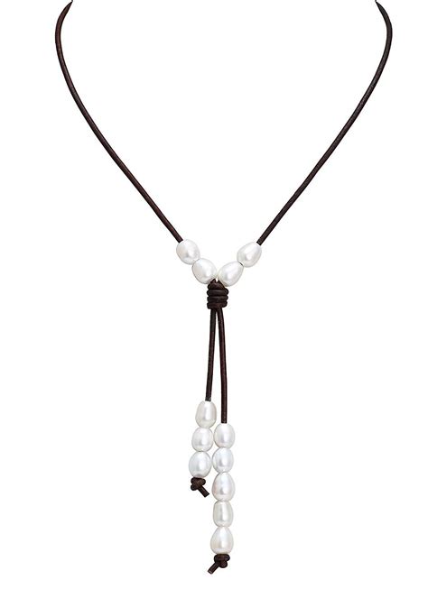 Pearlypearls Freshwater Cultured Pearl Necklace Choker With Pendant For Women Genuine Leather