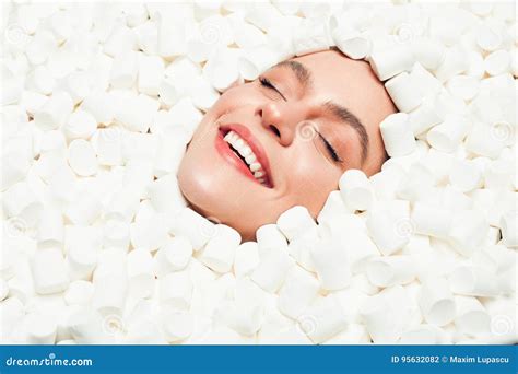 Girl Covered With White Marshmallows Stock Photo Image Of Closeup