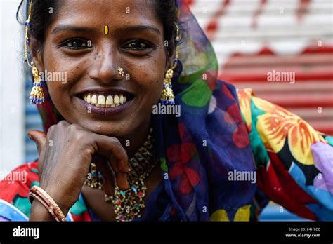 Portrait Of A Young Beautiful Exotic Indian Woman In The Street Of