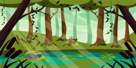 Vector Illustration Of Beautiful Summer Swamp Cartoon Forest Landscape With Swamp Trees Reeds