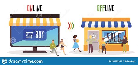 shopping offline vs shopping online o2o digital marketing people in queue buy products in