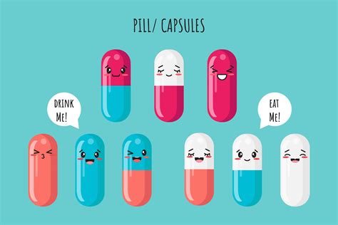 Set Of Cute Pills Or Vitamin With Cute Kawaii Face And Quotes Drink Me