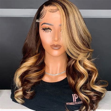 Honey Brown Blonde Highlight Color Swiss Lace Loose Wave Raw Virgin Hair Lace Frontal Wigs With
