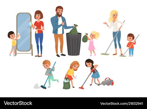 Children Helping Their Parents With Housework Vector Image