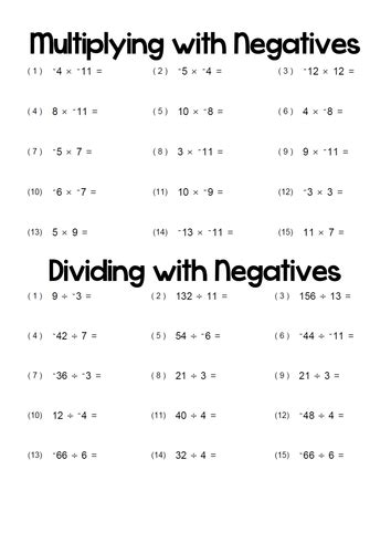 Multiplying And Dividing Negative Numbers Worksheet Tes
