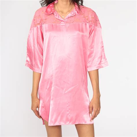 Pink Satin Nightgown Slip Dress 80s Mini Lace Nightgown Boho Lingerie