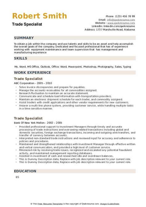 Required skills often mentioned on an import export coordinator resume sample are strong communication skills, computer competences, leadership, teamwork, a good. Trade Specialist Resume Samples | QwikResume