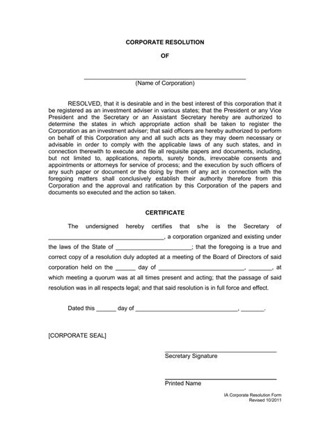 Form Of Corporate Resolution ≡ Fill Out Printable Pdf Forms Online