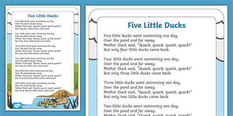 Five Little Ducks Nursery Rhyme Lyrics Poster Twinkl