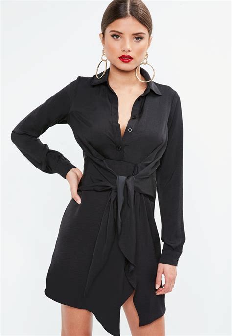 Black Satin Tie Waist Shirt Dress 2900×4200 Women Dress Online