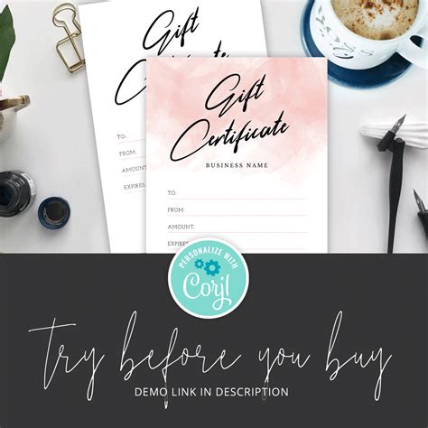 Elegant Gift Voucher Template Printable Pink Watercolor Gift Card