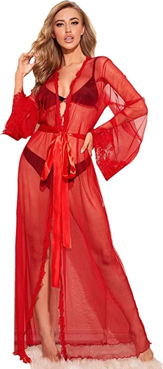 Floerns Womens Sexy Long Lace Trim Sheer Mesh Belted Kimono Robe Red