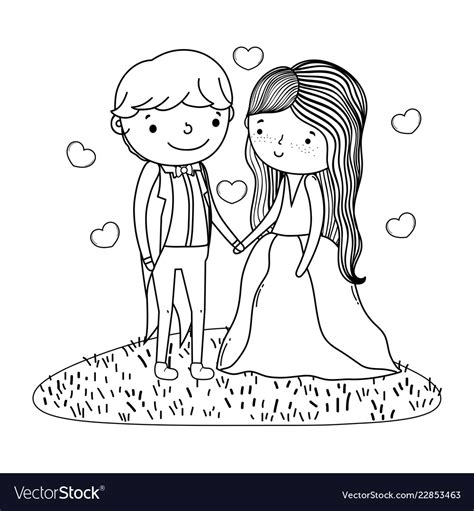 Couple Marriage Cute Cartoon In Black And White Vector Image
