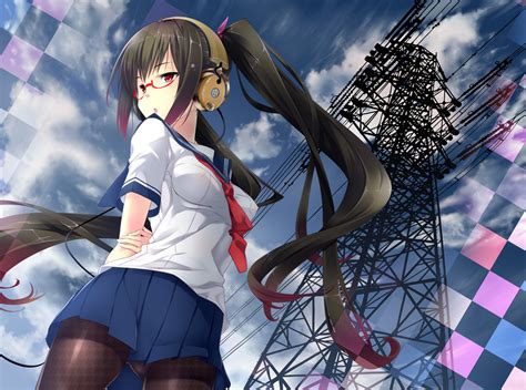 Clouds Glasses Headphones Kanata Long Hair Original Pantyhose Seifuku Sky Twintails Konachan