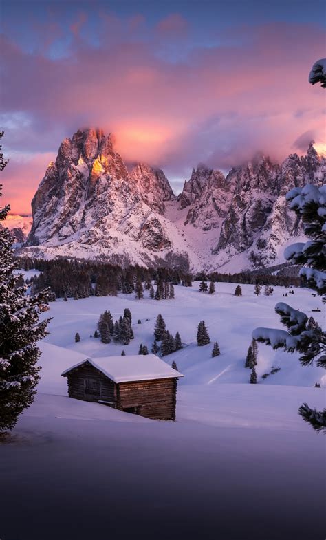 Download Wallpaper 1280x2120 Winter Cabin Landscape Nature Dawn