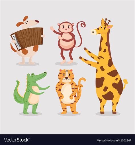 Five Cute Animals Playing Instruments Royalty Free Vector