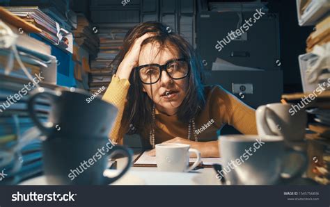 Stressed Exhausted Woman Sitting Office Desk Stock Photo Edit Now