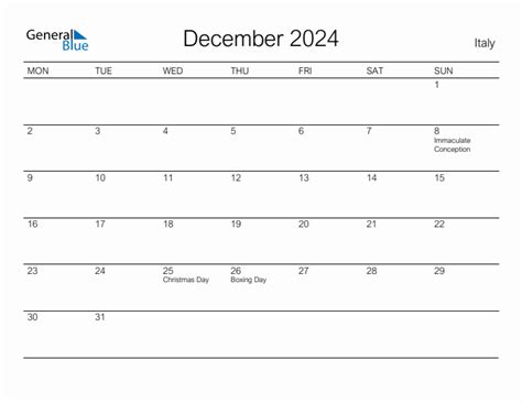 December 2024 Italy Monthly Calendar With Holidays