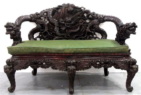 214 Chinese Carved Wood Dragon Bench Lot 0214 Asian Benches Wood