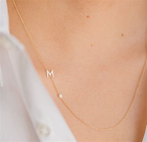 14k Gold Letter Necklace With Small Diamond Etsy