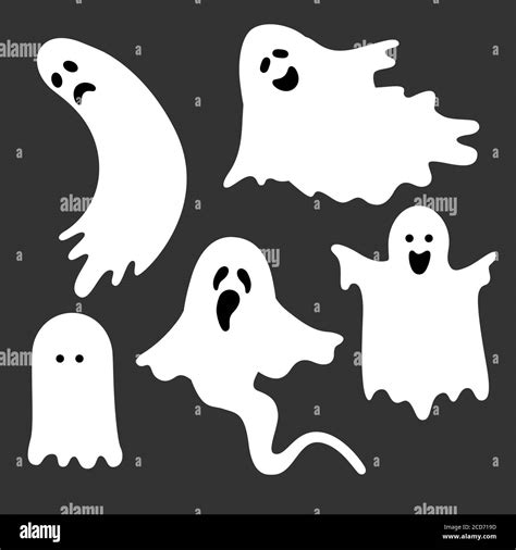 Flat Illustration With White Ghosts On Black Background For Decoration