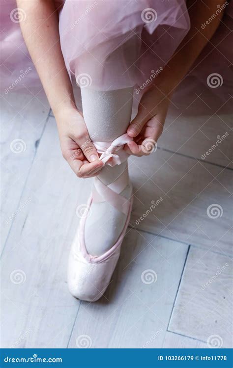 Ballerina Puts Pointe Shoes Stock Image Image Of Beautiful Girl