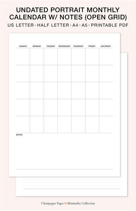 Portrait Blank Monthly Calendar With Notes Open Grid Layout Etsy Uk