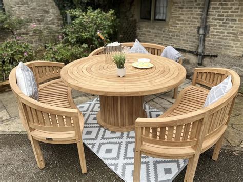 Teak Garden Furniture Round Table 150cm With 3 Bowood Benches Chelsea
