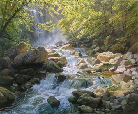 Waterfall Painting By Alexander Shenderov Original Landscape Etsy