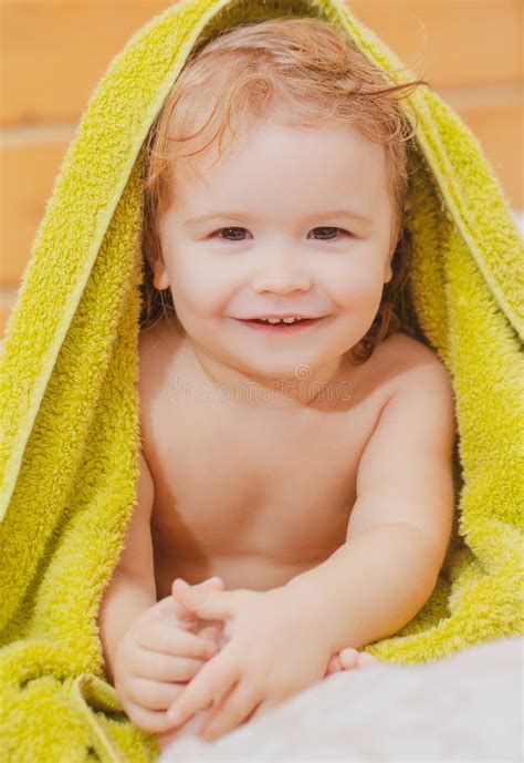 Baby Boy Having Bath In Bathing Cap Stock Photo Image Of Hands