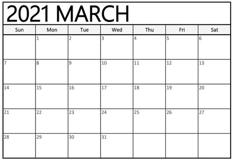 March 2021 Calendar Excel Template